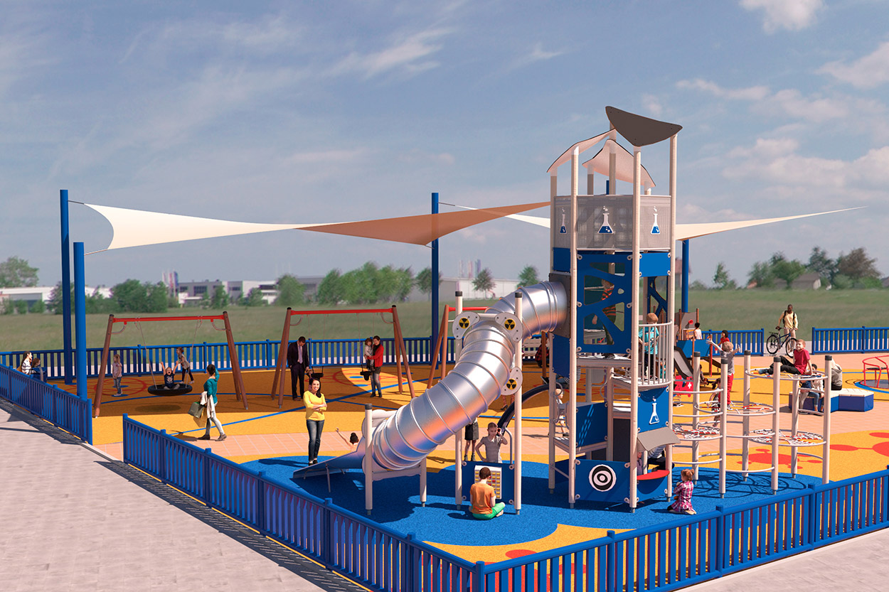 Large render custom design of a playground with Science and Medical theme, it consists of a large play tower, lots of swings, and climbing structures.